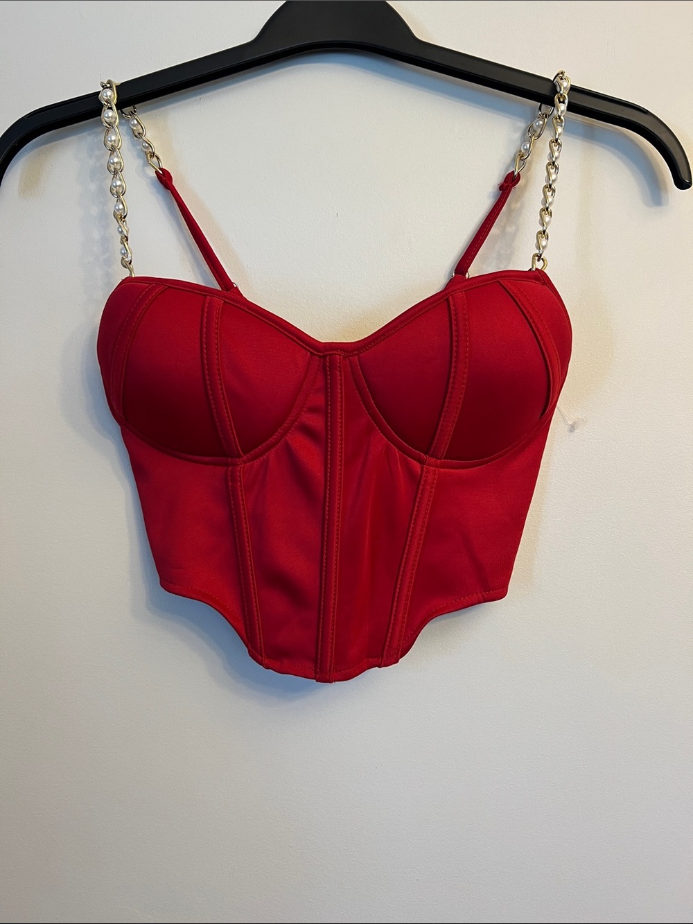 Say What? Stunning Red Bustier with Gold Chain and Pearl Straps